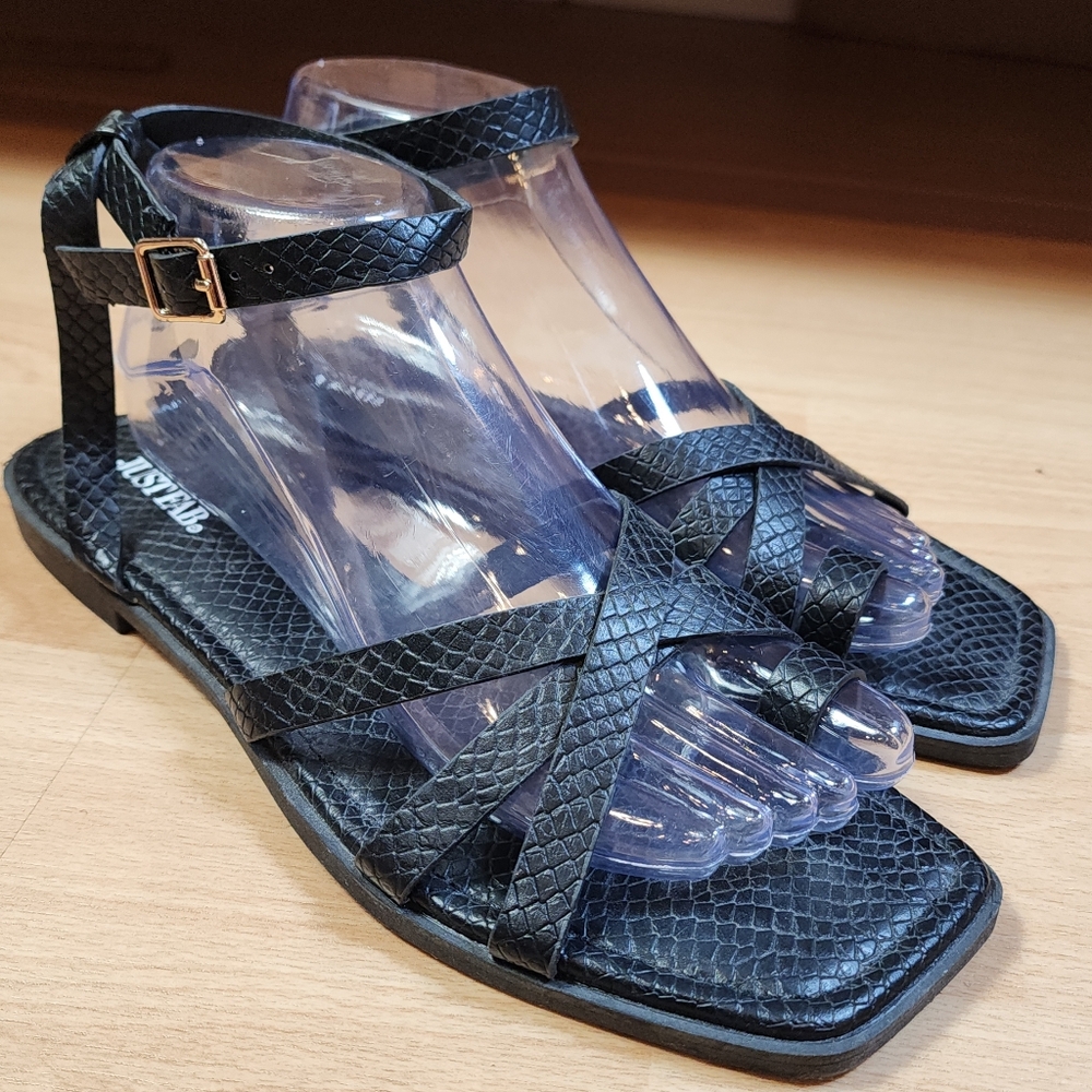 JustFab Black Croc Faux Leather Square Toe Strappy Sandals Size 10 EU 41‎ New